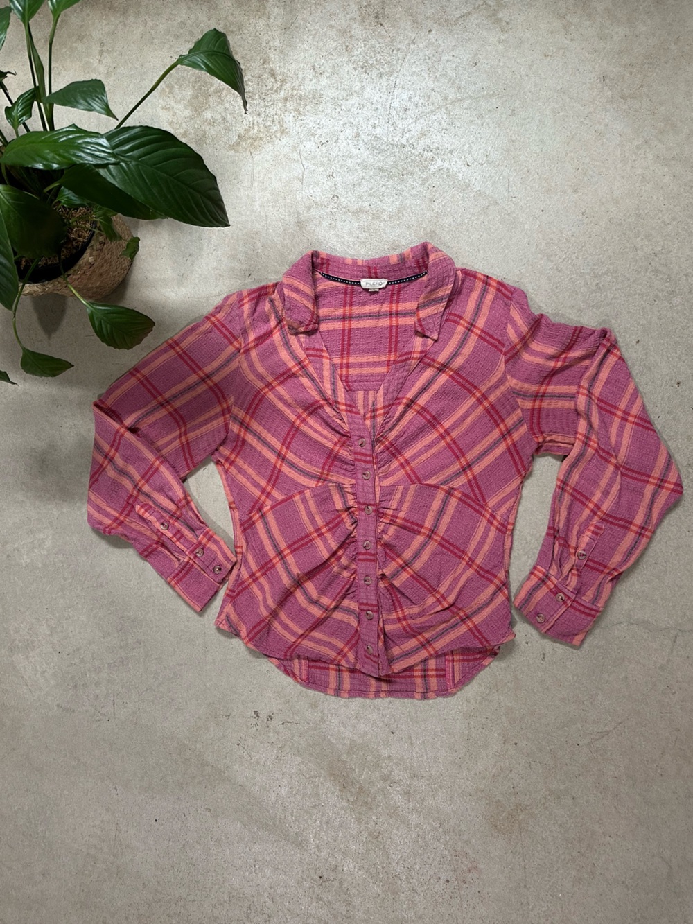 Anthropologie Pilcro Ruched Deep V-Neck Pink Buttondown Plaid Blouse Women’s M - Picture 2 of 10